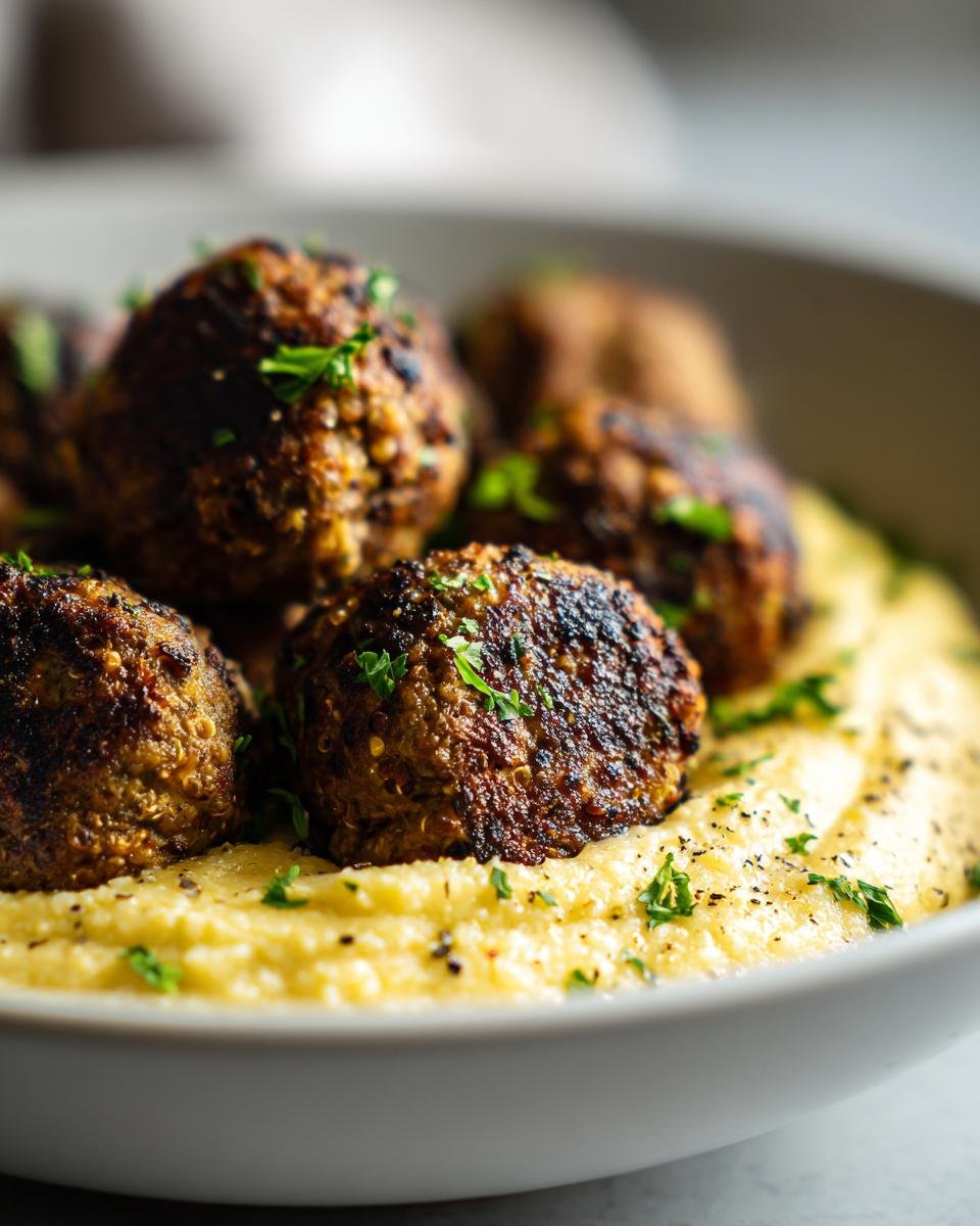 Close-up of seared Vegan Chickpea Quinoa Meatballs resting on a bed of creamy yellow polenta, garnished with parsley.