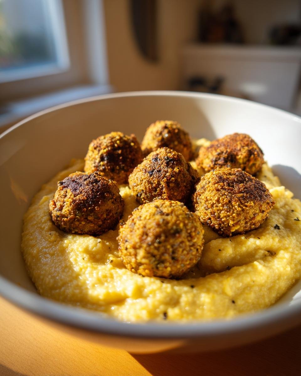 Seven crispy Vegan Chickpea Quinoa Meatballs resting on a bed of creamy yellow polenta in a white bowl.