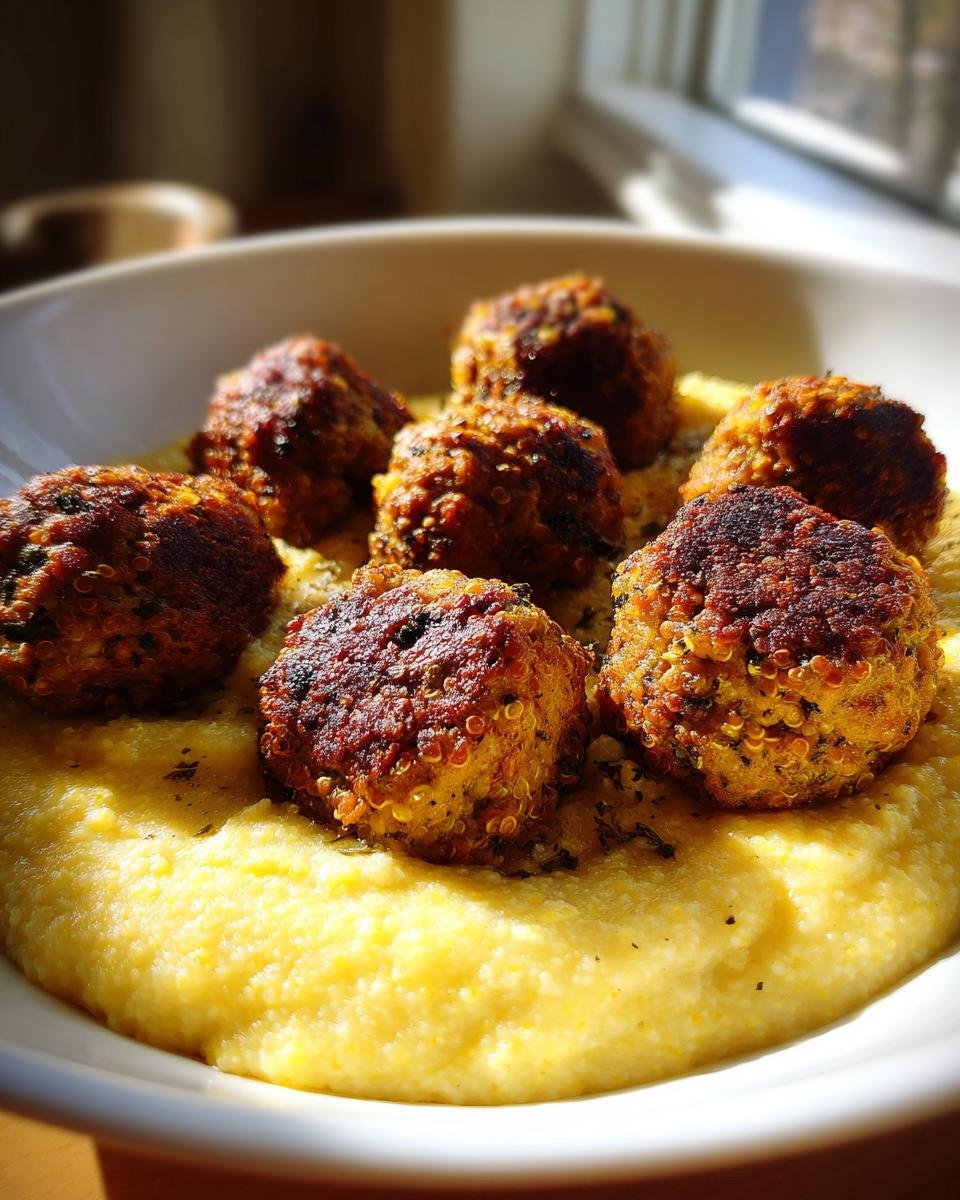 Close-up of browned Vegan Chickpea Quinoa Meatballs resting on a bed of bright yellow creamy polenta.