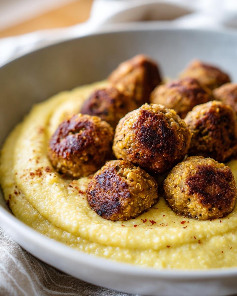 Close-up of golden brown Vegan Chickpea Quinoa Meatballs resting on creamy yellow polenta.