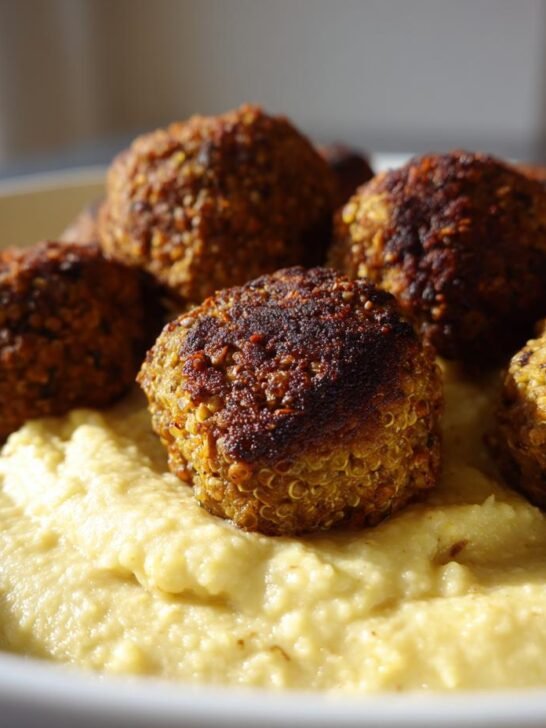 Close-up of crispy, browned Vegan Chickpea Quinoa Meatballs resting on a bed of creamy yellow polenta.