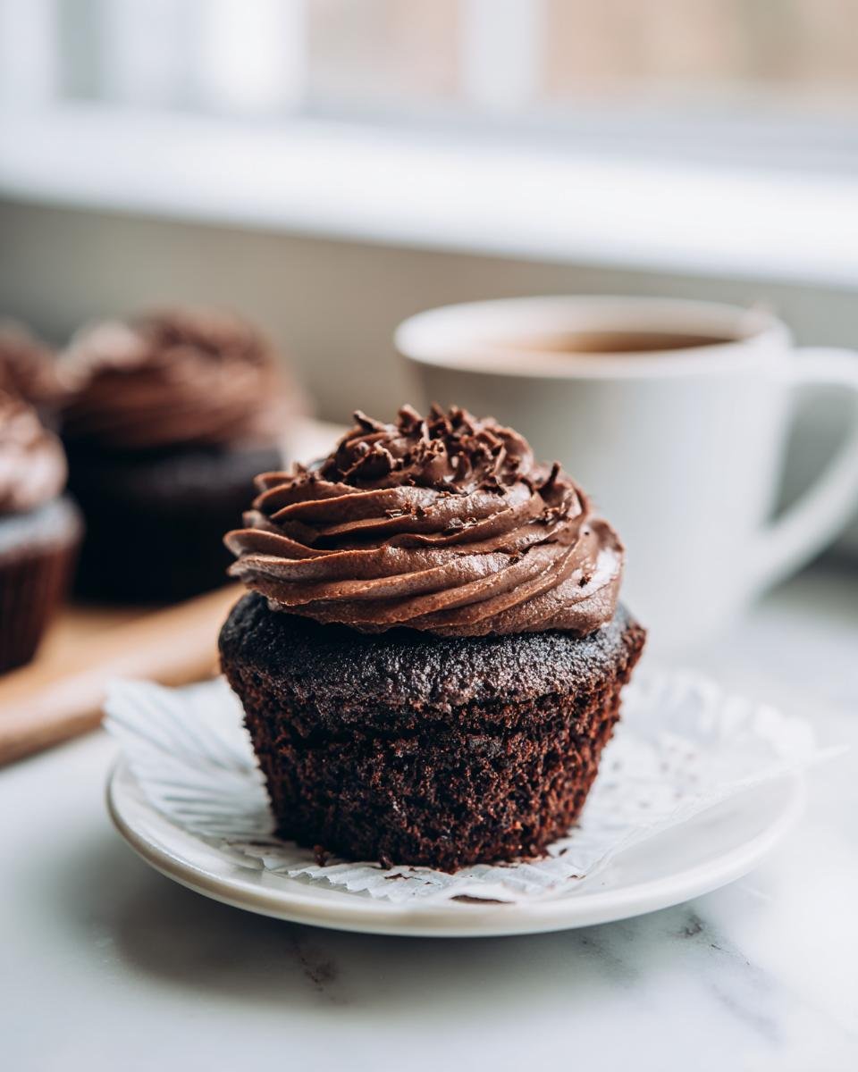 A close-up of a rich Vegan Chocolate Espresso Cupcake topped with dark chocolate frosting and shavings.