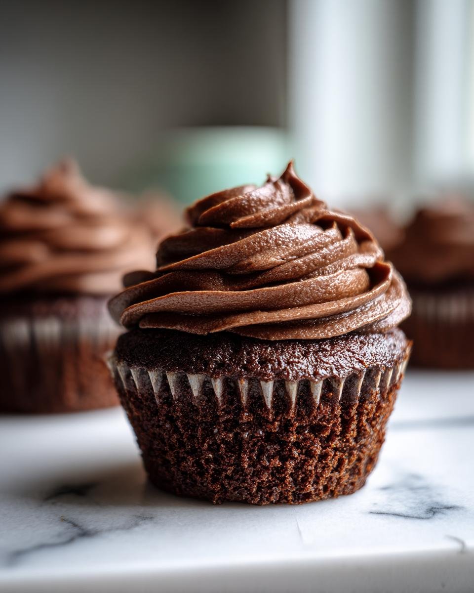 A close-up of one perfectly frosted Vegan Chocolate Espresso Cupcakes sitting on a white marble surface.