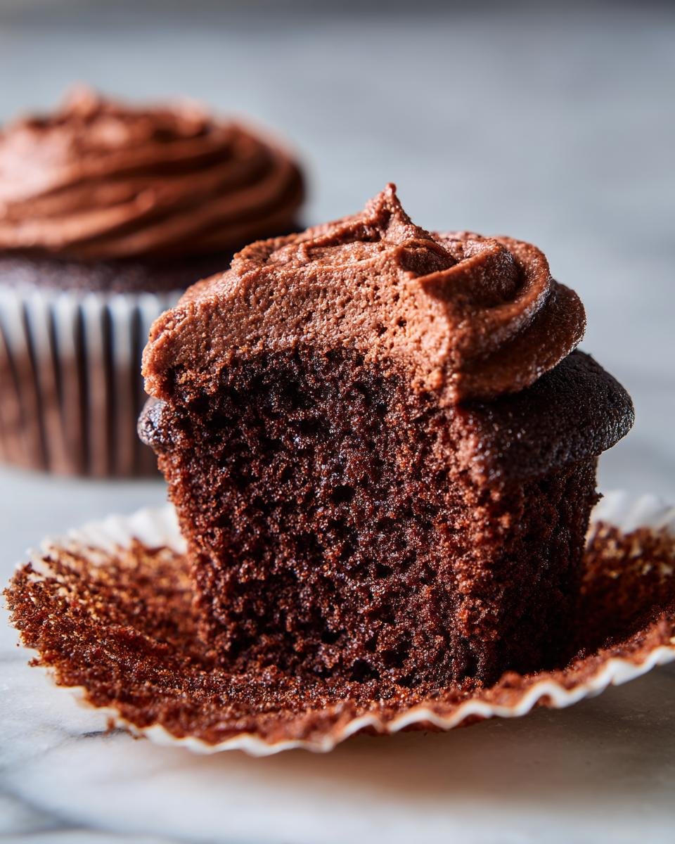 Close-up of a Vegan Chocolate Gingerbread Cupcake cut in half showing moist dark cake and chocolate frosting.