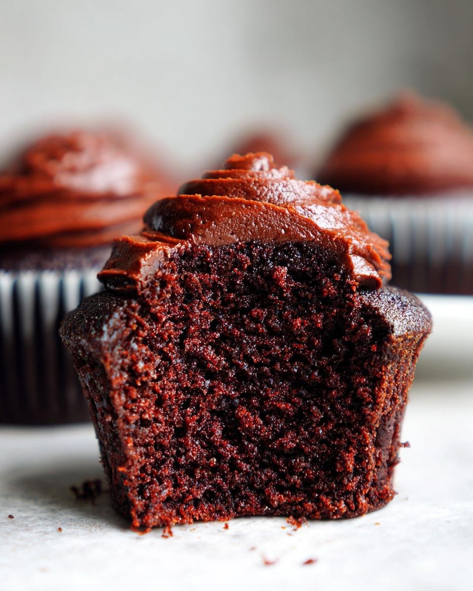 Close-up of a Vegan Chocolate Gingerbread Cupcake cut in half showing the moist crumb and chocolate frosting.