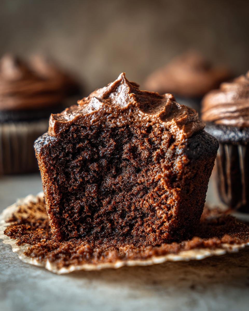Close-up of a Vegan Chocolate Gingerbread Cupcake cut in half, showing the moist crumb and chocolate frosting.