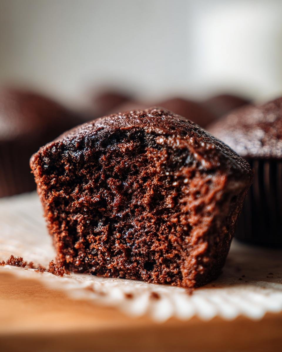 Close-up of the moist, dark interior crumb texture of a Vegan Chocolate Gingerbread Cupcakes half.
