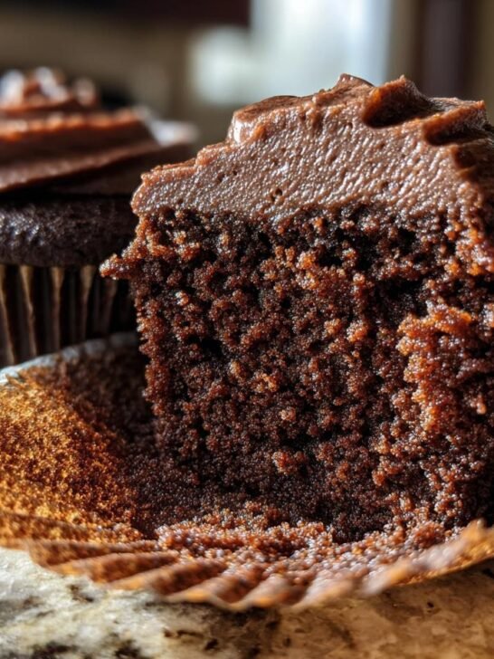 Close-up of a Vegan Chocolate Gingerbread Cupcake cut in half showing the moist, dark crumb and chocolate frosting.