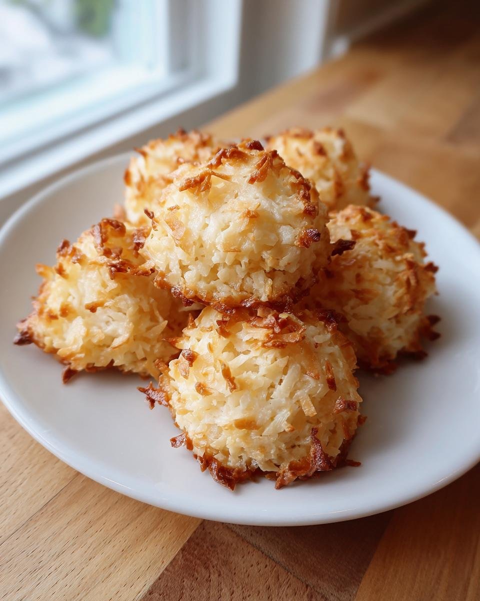 A close-up of several golden-brown Vegan Coconut Macaroons piled on a white plate.