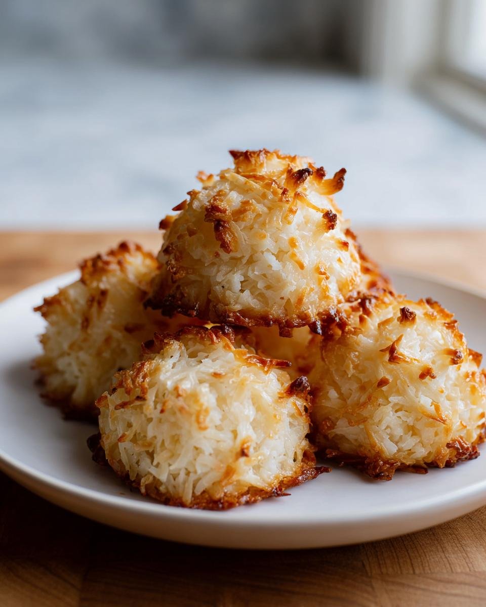 A close-up of several golden brown Vegan Coconut Macaroons piled on a white plate.