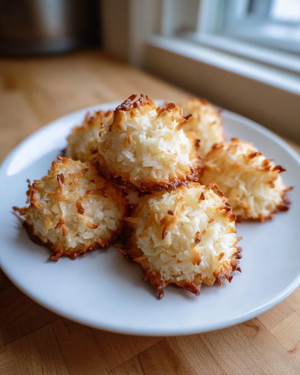 A small pile of five golden-brown Vegan Coconut Macaroons with toasted edges on a white plate.