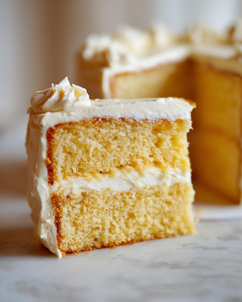 Close-up of a moist slice of Vegan Eggnog Cake With Buttercream, showing two layers and white frosting.