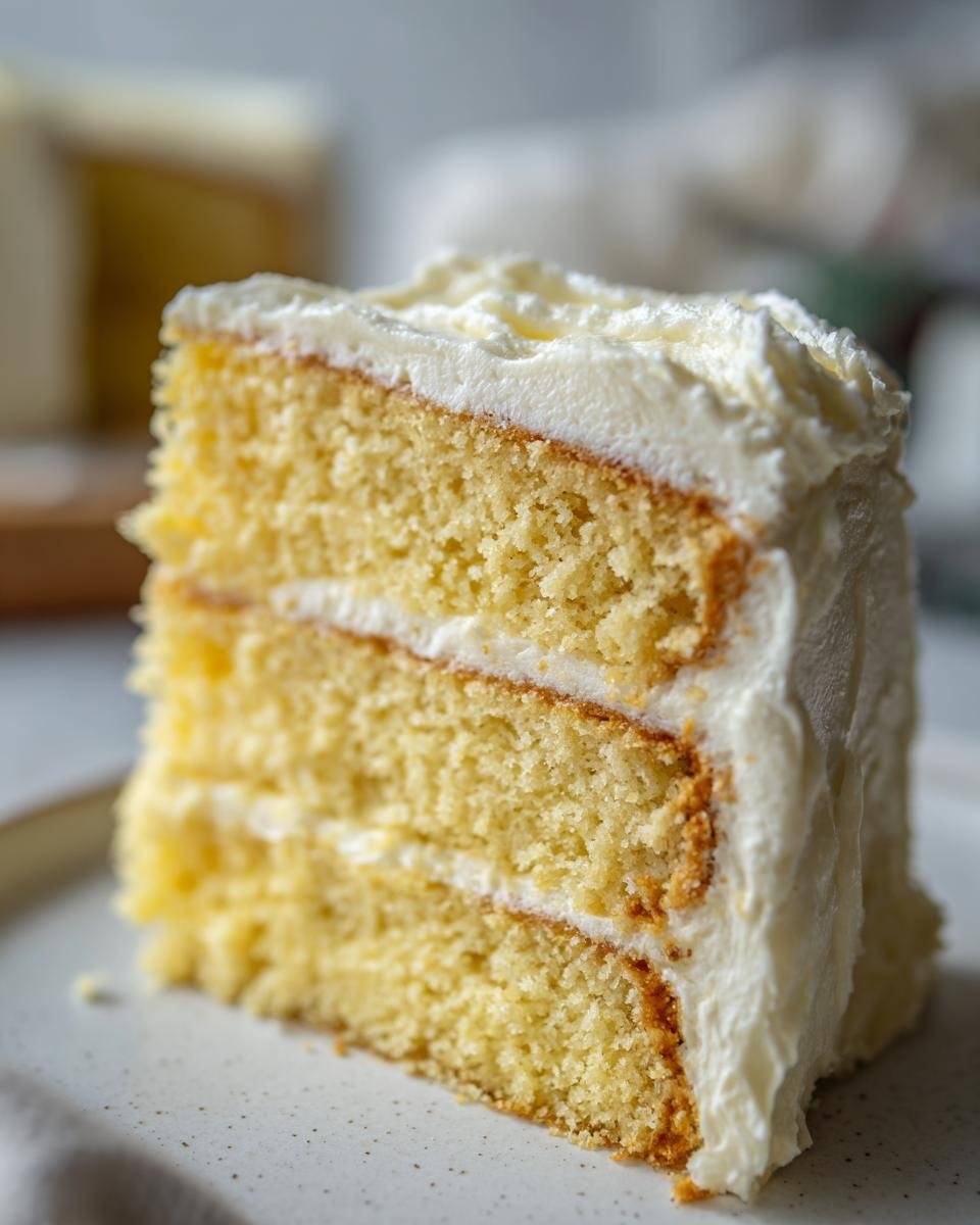 Close-up of a moist slice of Vegan Eggnog Cake With Buttercream, showing three yellow cake layers and white frosting.