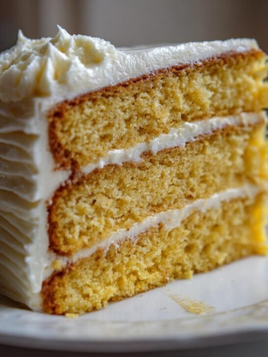 Close-up of a tall, three-layer slice of Vegan Eggnog Cake With Buttercream, showing moist yellow cake layers and thick white frosting.