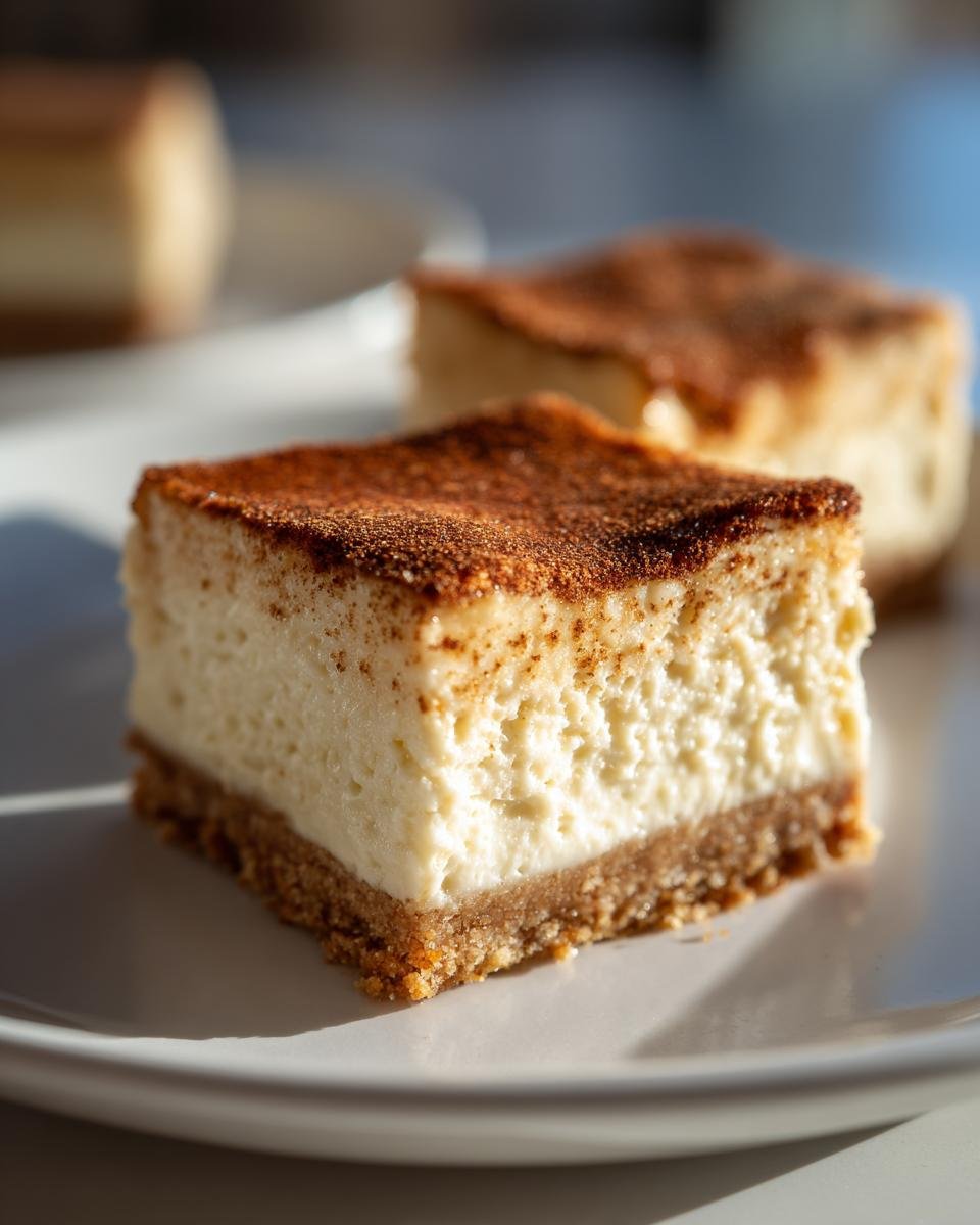 A close-up, appetizing square of Vegan Eggnog Cheesecake Bars with a thick crust and cinnamon dusting.