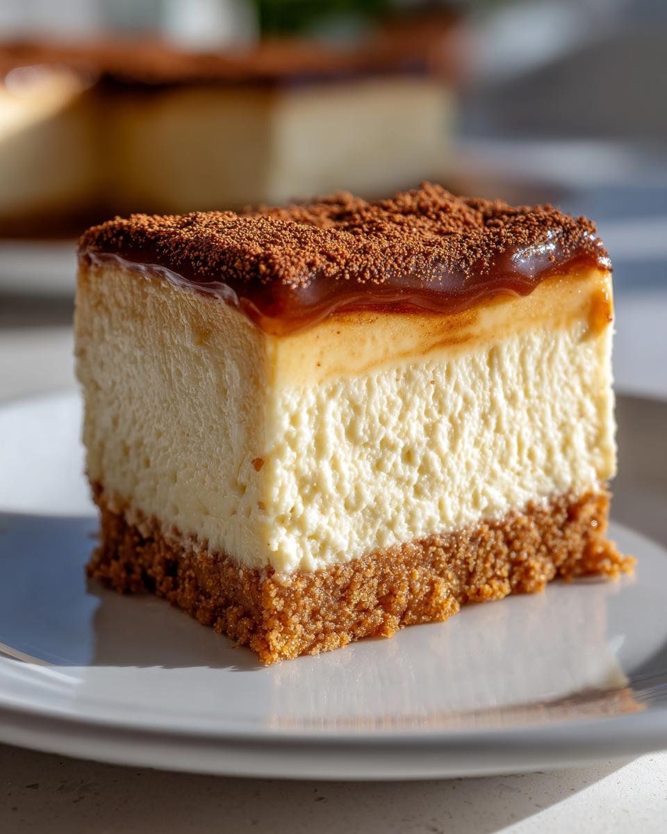 Close-up of a thick slice of Vegan Eggnog Cheesecake Bars showing the crust, creamy filling, and spiced topping.