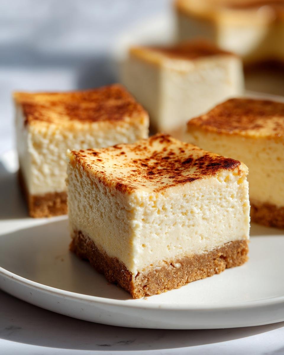 A thick square of creamy Vegan Eggnog Cheesecake Bars with a graham cracker crust and dusted with cinnamon.