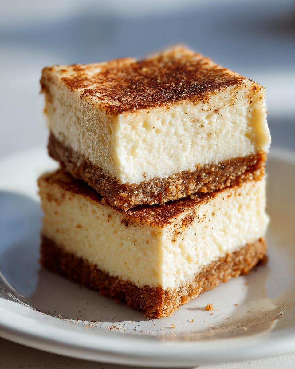 Two stacked squares of creamy Vegan Eggnog Cheesecake Bars with a thick graham cracker crust and sprinkled with cinnamon.