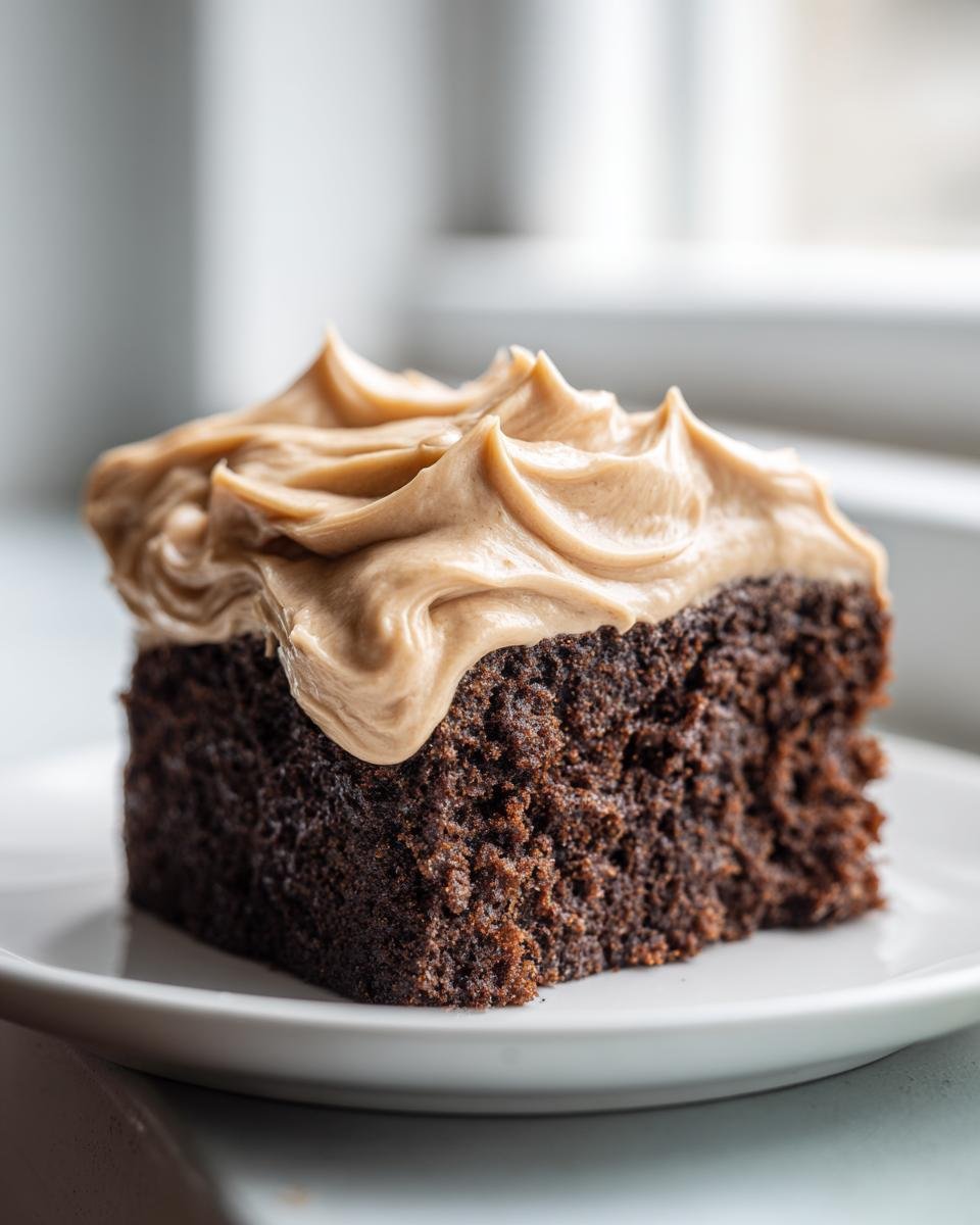 Close-up of a square slice of dark Vegan Gingerbread Cake topped with swirled Chai Buttercream frosting.