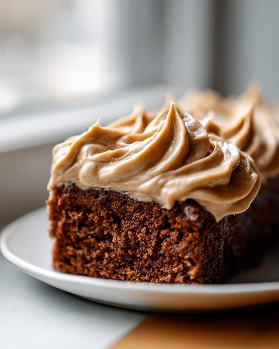 Close-up of a rich, dark slice of Vegan Gingerbread Cake topped with piped Vegan Gingerbread Cake Chai Buttercream.