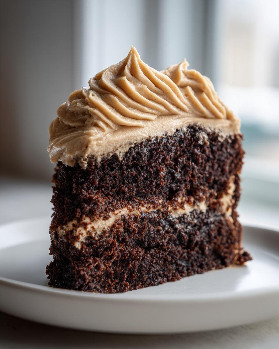 Close-up of a rich, dark slice of Vegan Gingerbread Cake topped with piped Chai Buttercream.
