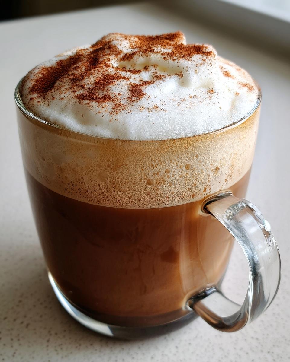 A close-up of a Vegan Gingerbread Latte in a clear mug, topped with thick foam and sprinkled cinnamon.