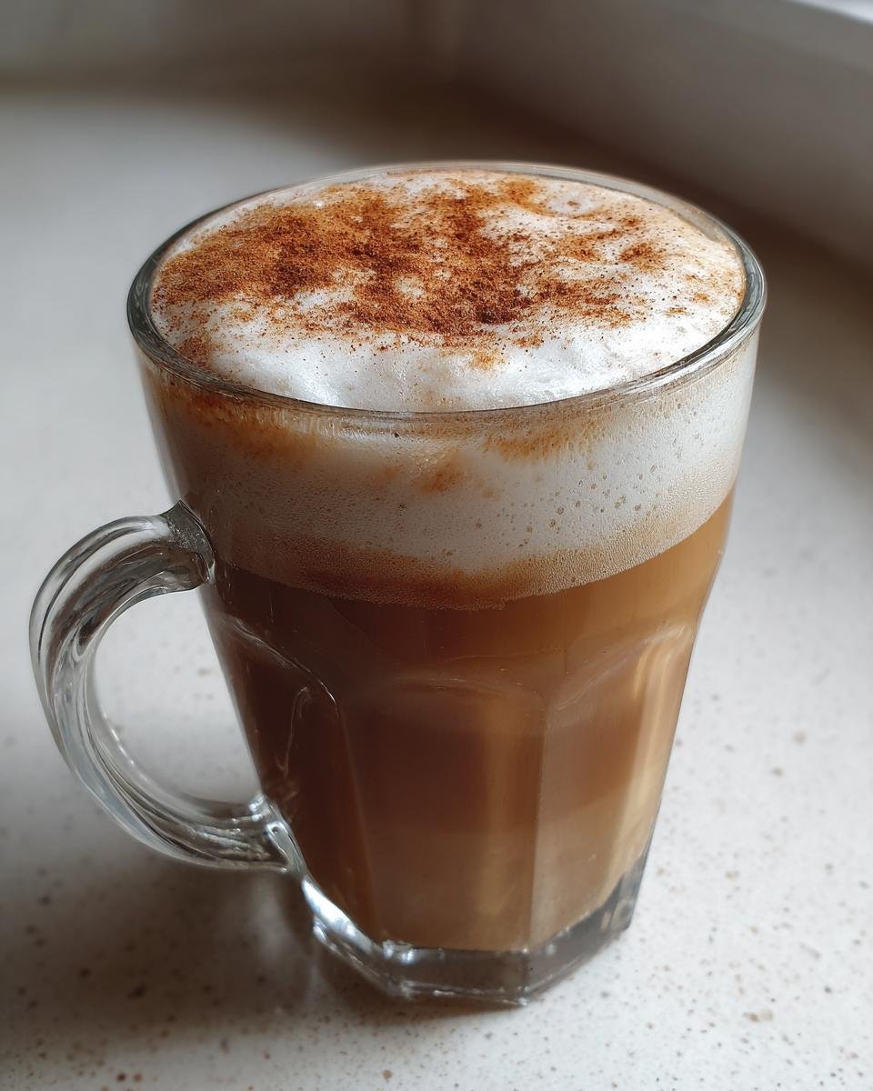 Close-up of a creamy Vegan Gingerbread Latte in a clear glass mug, topped with thick foam and sprinkled cinnamon.