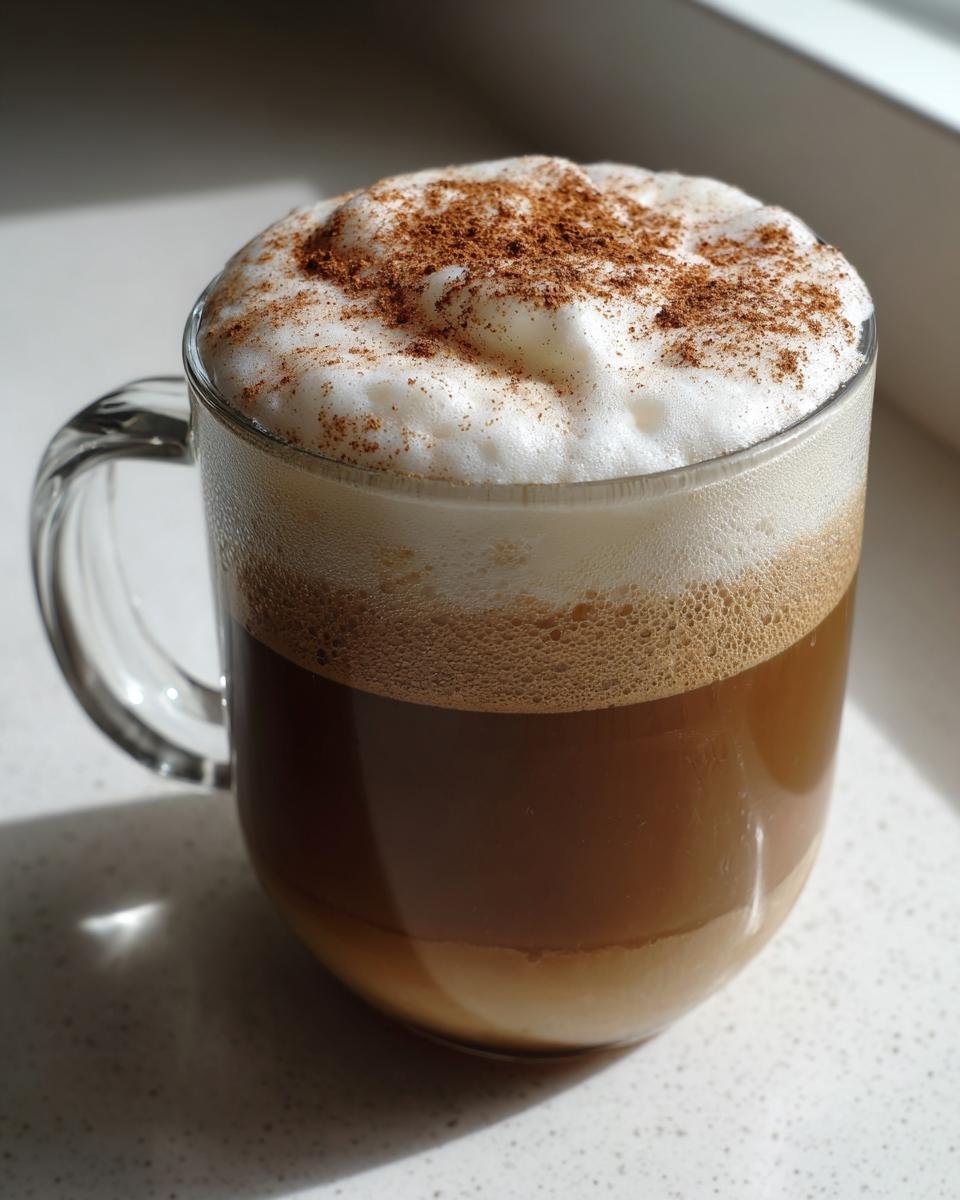 A clear glass mug filled with a layered Vegan Gingerbread Latte, topped with thick foam and sprinkled cinnamon.