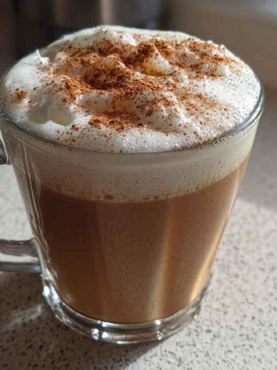 A close-up of a warm Vegan Gingerbread Latte topped with thick foam and sprinkled cinnamon.