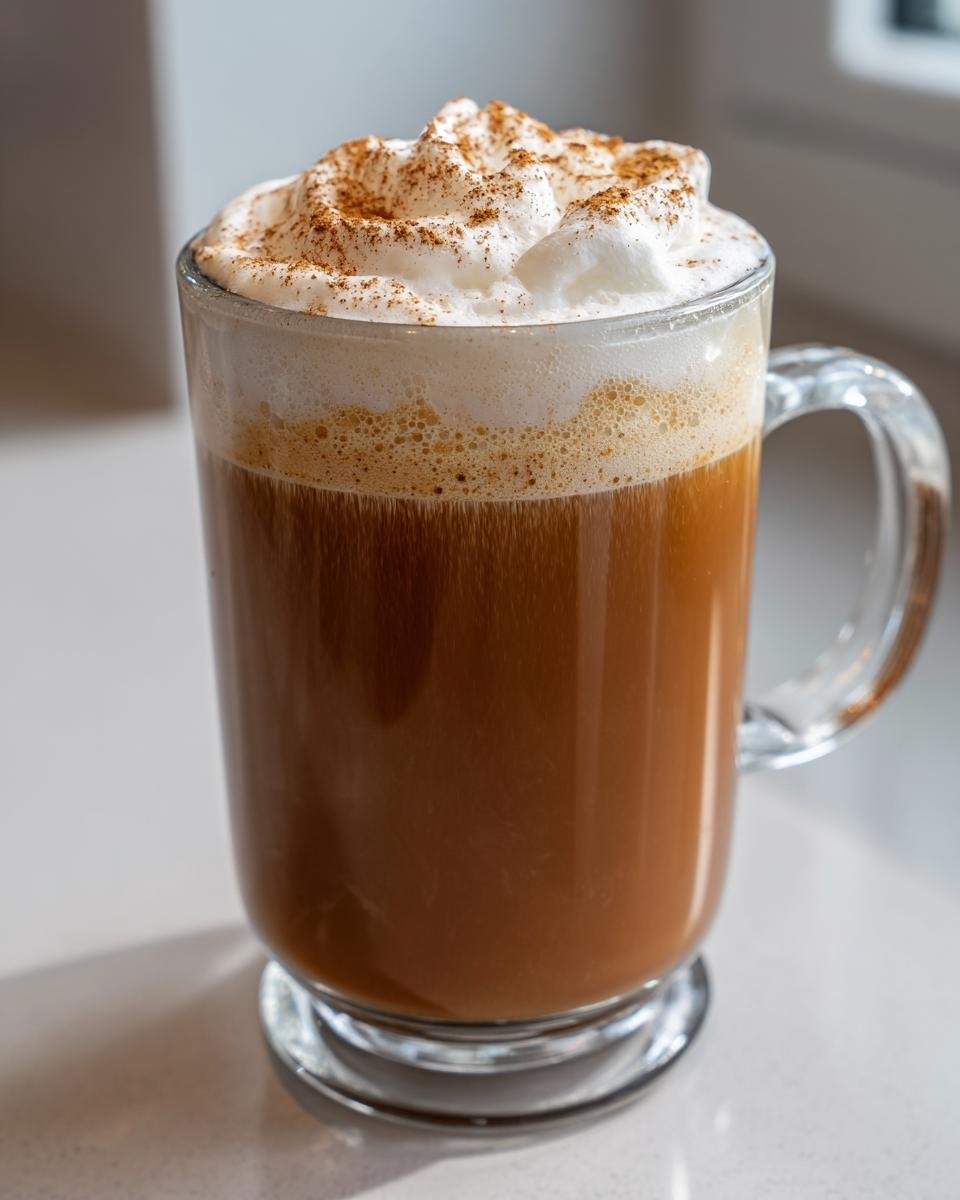 A tall glass mug filled with a creamy Vegan Gingerbread Latte, topped with whipped cream and cinnamon.