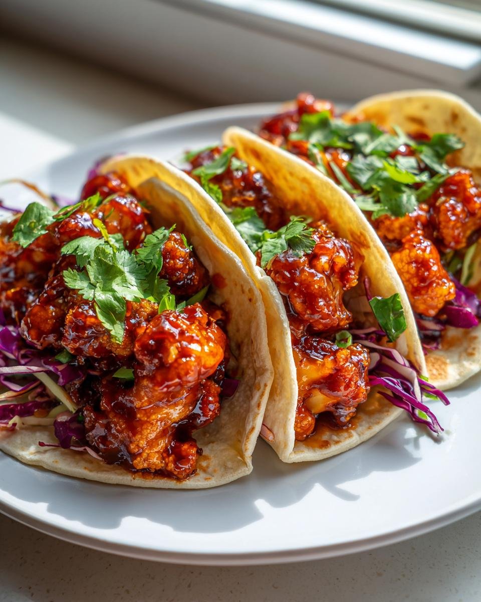Three delicious Vegan Gochujang Cauliflower Tacos filled with crispy cauliflower, slaw, and cilantro.