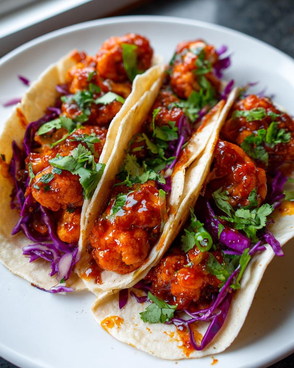 Three soft shell tacos filled with spicy, saucy Vegan Gochujang Cauliflower, purple cabbage slaw, and fresh cilantro.