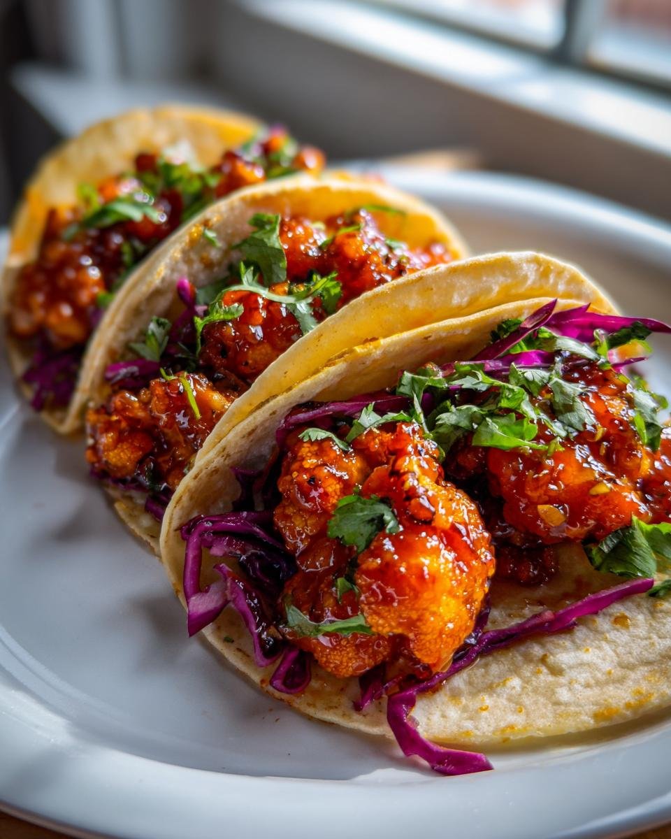 Three soft shell tacos filled with glossy Vegan Gochujang Cauliflower, shredded purple cabbage, and cilantro.