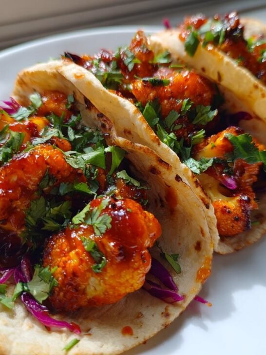 Close-up of three Vegan Gochujang Cauliflower Tacos filled with spicy cauliflower, purple cabbage, and cilantro.
