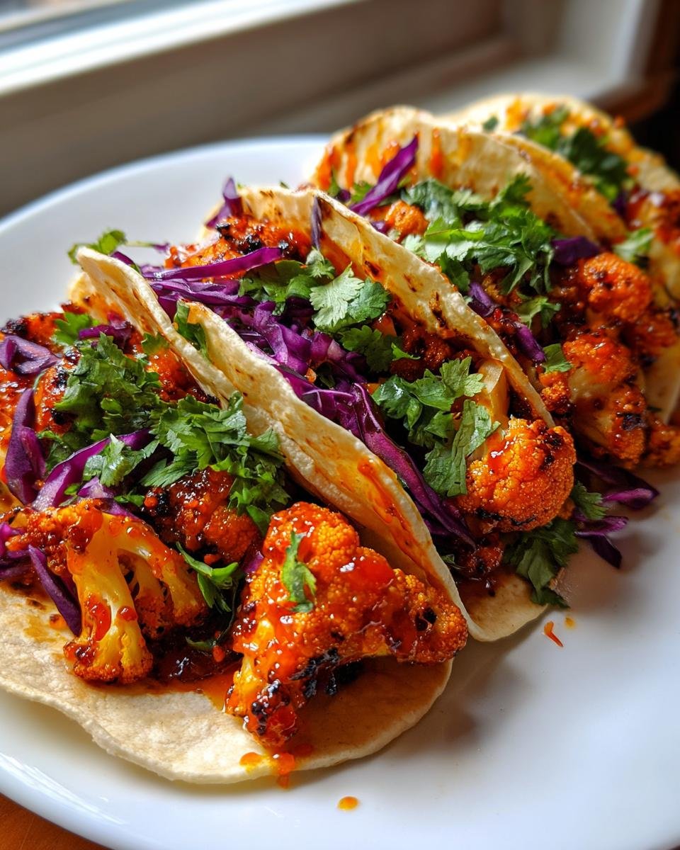 Close-up of several Vegan Gochujang Cauliflower Tacos filled with bright orange cauliflower, purple cabbage, and cilantro.