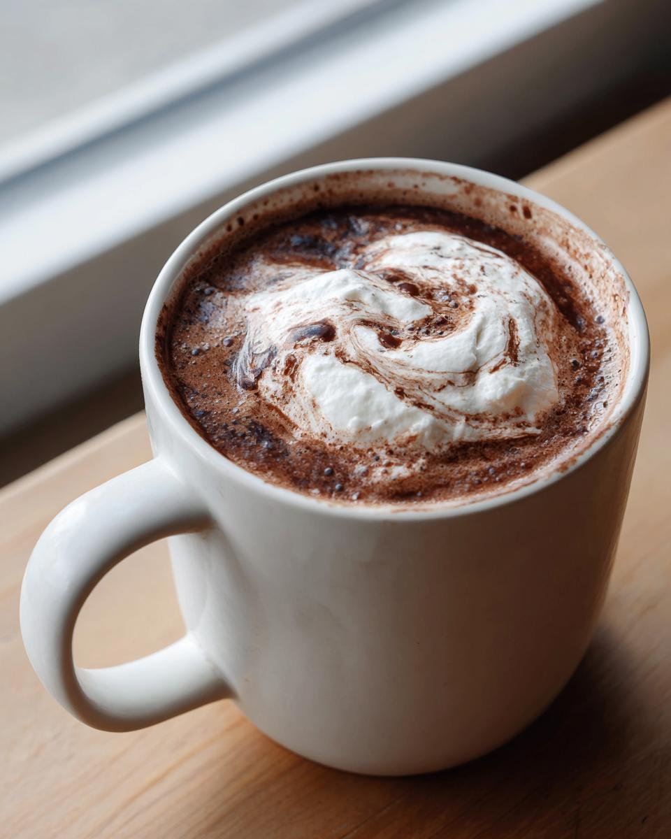 Close-up of a mug of rich Vegan Hot Cocoa With Coconut Cream, swirled beautifully on top.