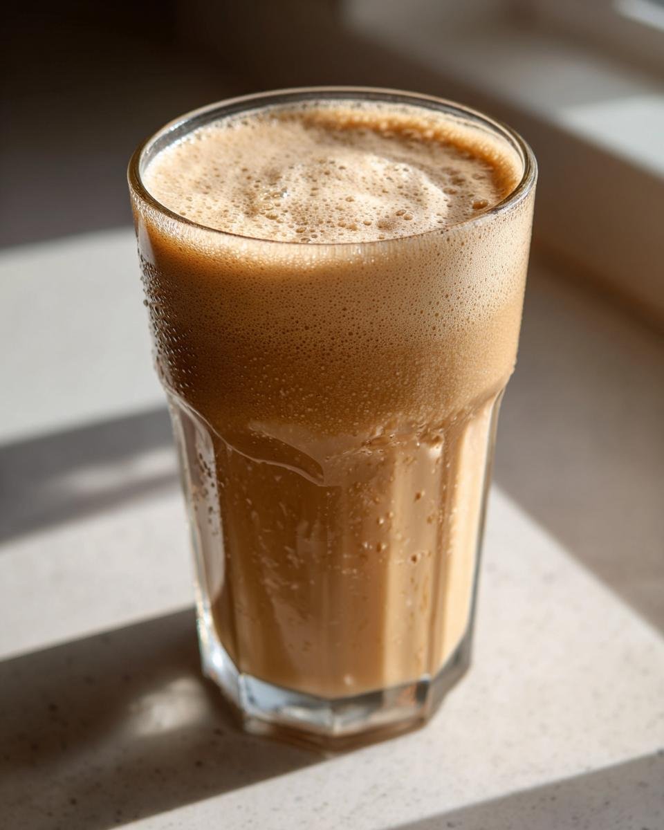 A tall glass filled with a creamy, frothy Vegan Jamaican Irish Moss Sea Moss Drink, glistening with condensation.