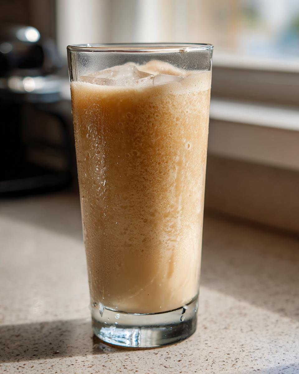 Tall glass filled with a creamy, light brown Vegan Jamaican Irish Moss Sea Moss Drink, topped with ice cubes.