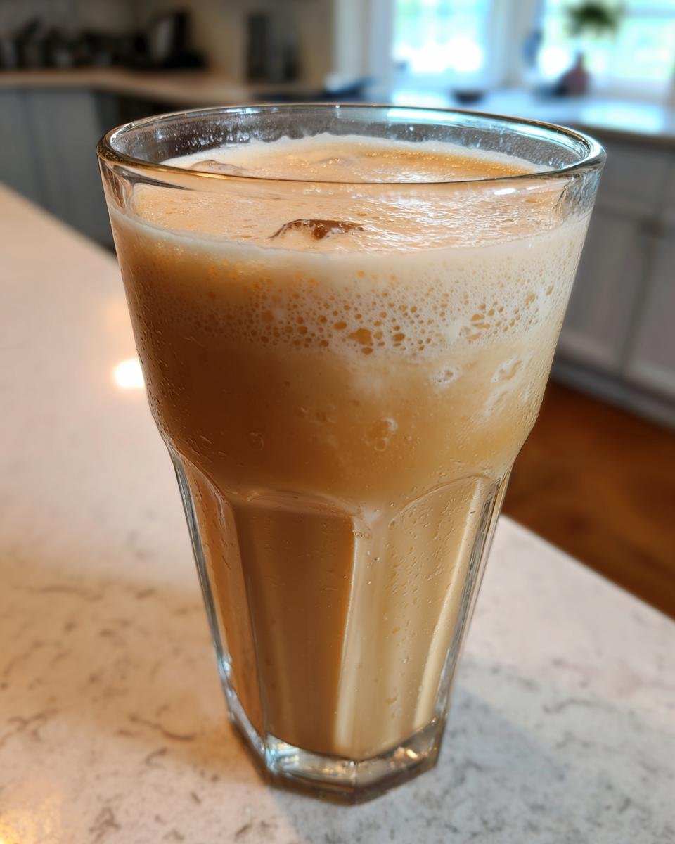 Close-up of a tall, frosted glass filled with iced Vegan Jamaican Irish Moss Sea Moss Drink, showing a creamy, light brown color and foam on top.