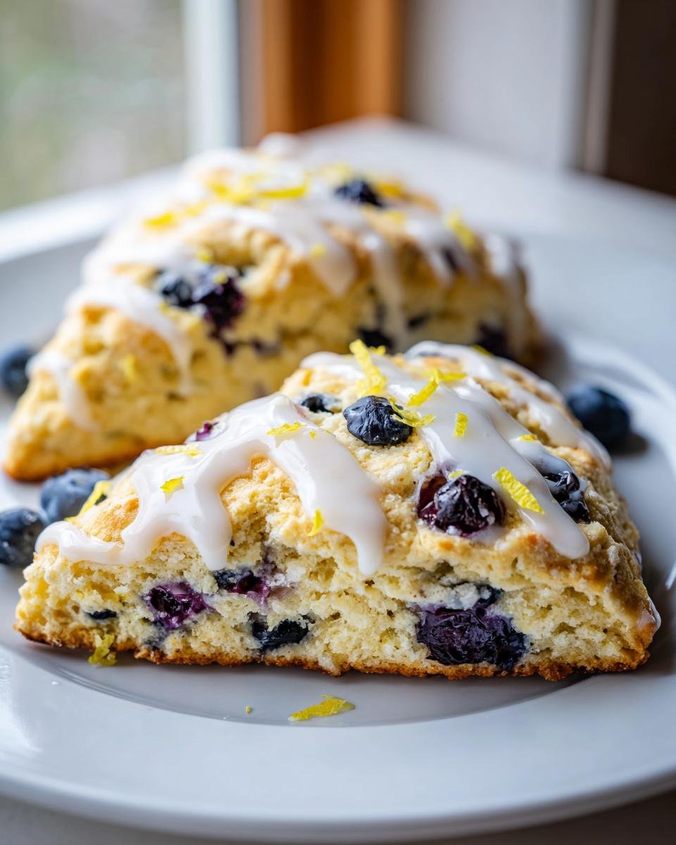 Two triangular Vegan Lemon Blueberry Scones drizzled with white icing and topped with fresh lemon zest and blueberries.