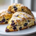 Close-up of freshly baked Vegan Lemon Blueberry Scones drizzled with a white lemon glaze and studded with blueberries.