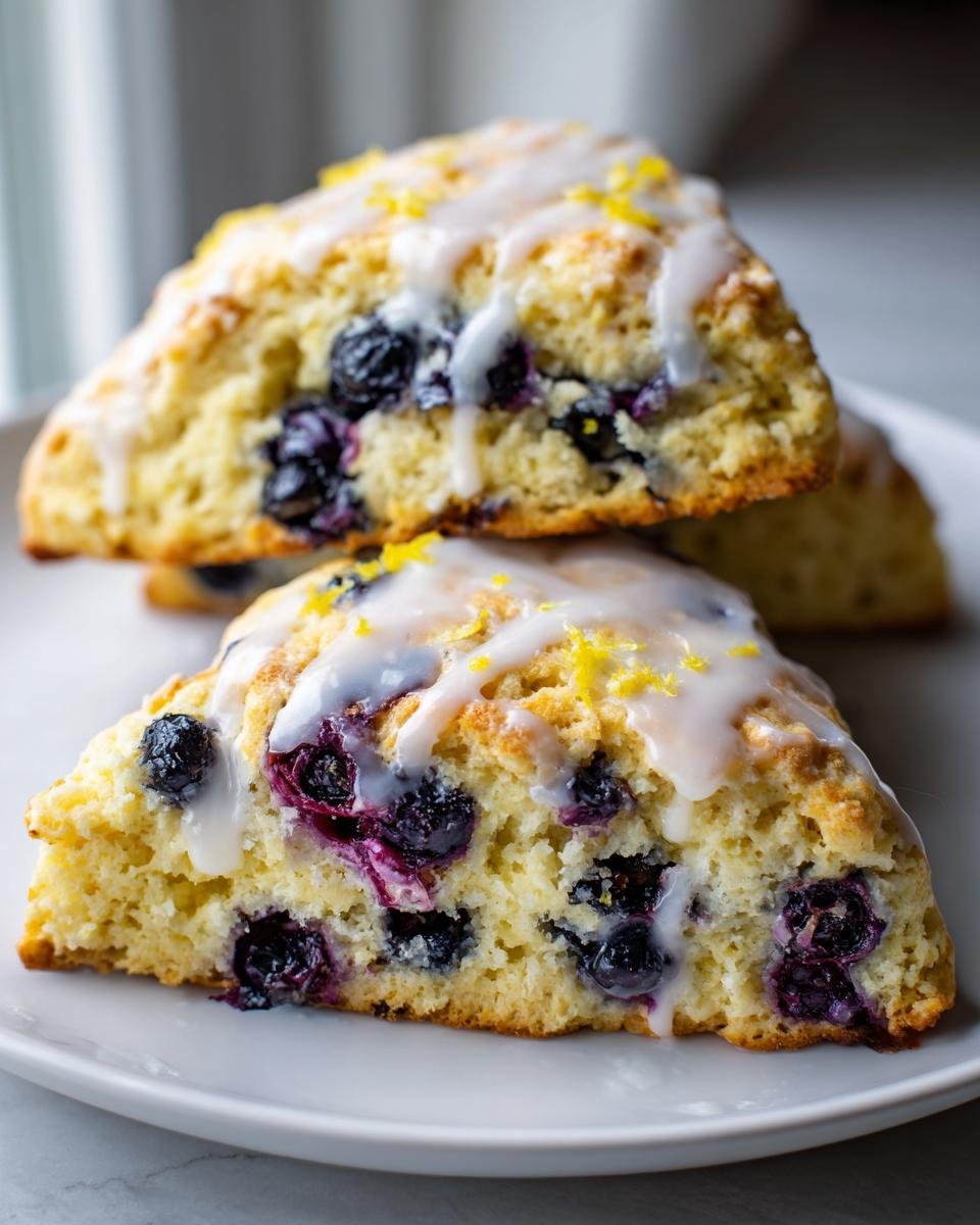 Two stacked Vegan Lemon Blueberry Scones, drizzled with white lemon glaze and topped with zest.