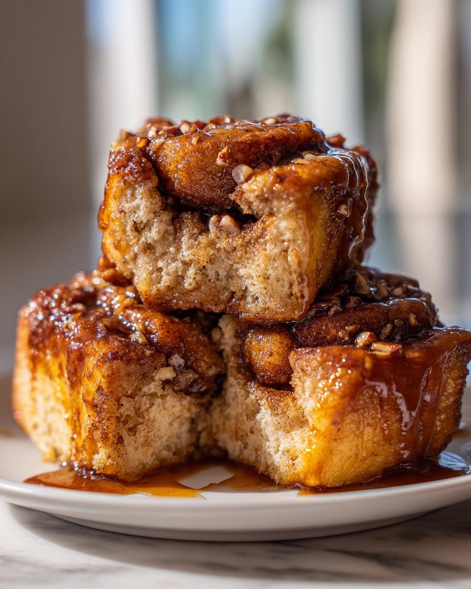 Close-up of three stacked Vegan Maple Pecan Sticky Buns dripping with sticky caramel glaze and topped with pecans.