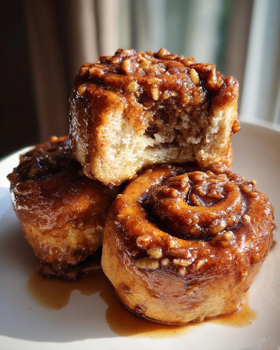 A stack of three gooey Vegan Maple Pecan Sticky Buns, one showing a bite taken out.