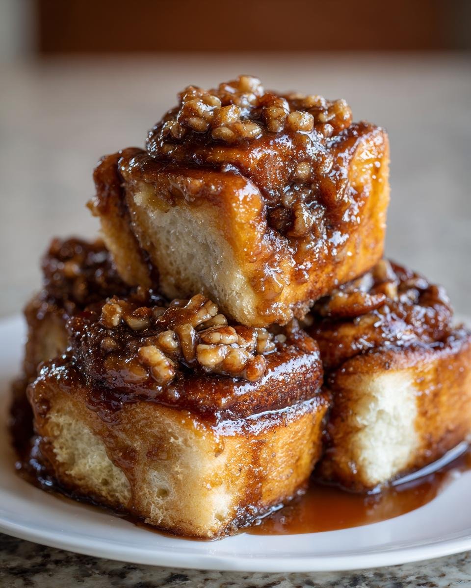 A stack of three gooey Vegan Maple Pecan Sticky Buns dripping with caramel glaze and topped with chopped pecans.