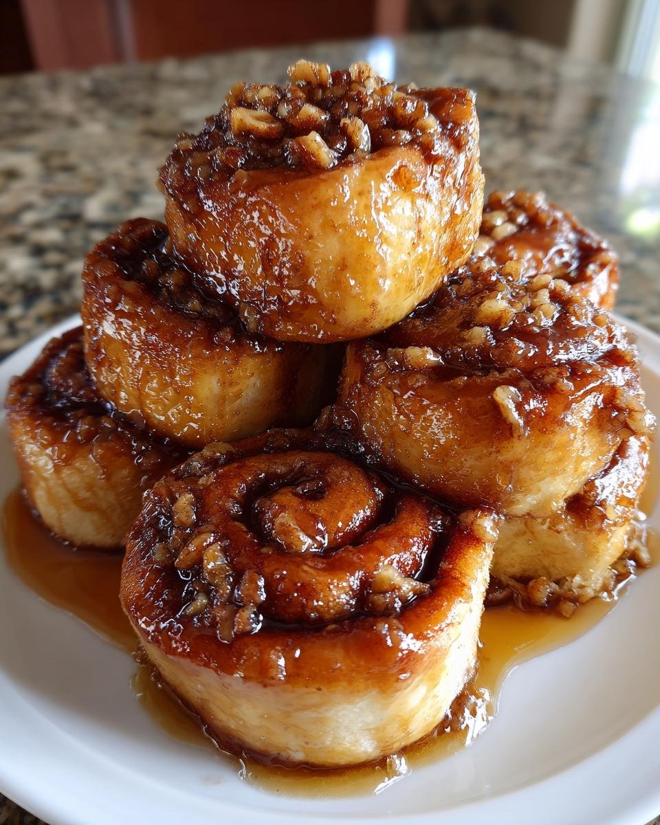 A stack of gooey Vegan Maple Pecan Sticky Buns covered in glossy maple glaze and chopped pecans.