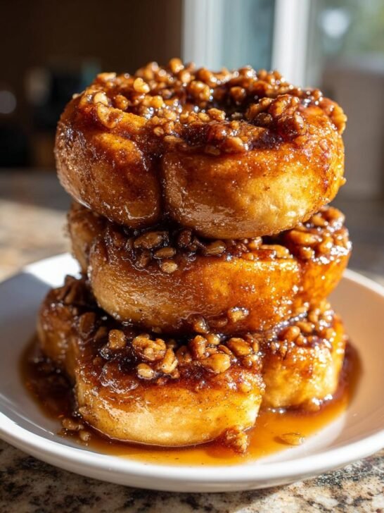 Three Vegan Maple Pecan Sticky Buns stacked high, drenched in sticky maple glaze and topped with chopped pecans.