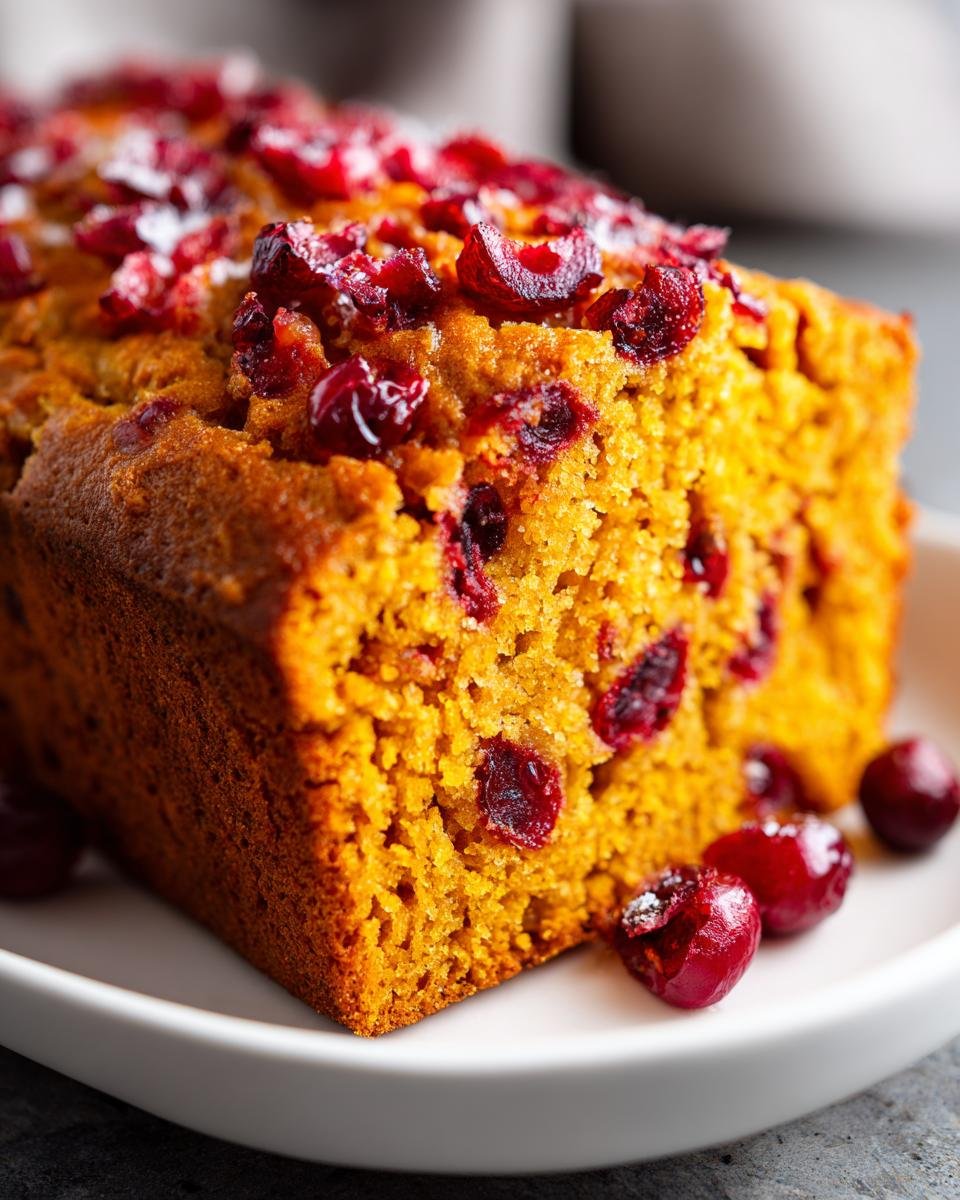 Close-up of a slice of moist Vegan Orange Cranberry Bread topped with dried cranberries.