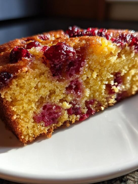 Close-up of a moist slice of Vegan Orange Cranberry Bread featuring bright yellow cake and deep red cranberries.