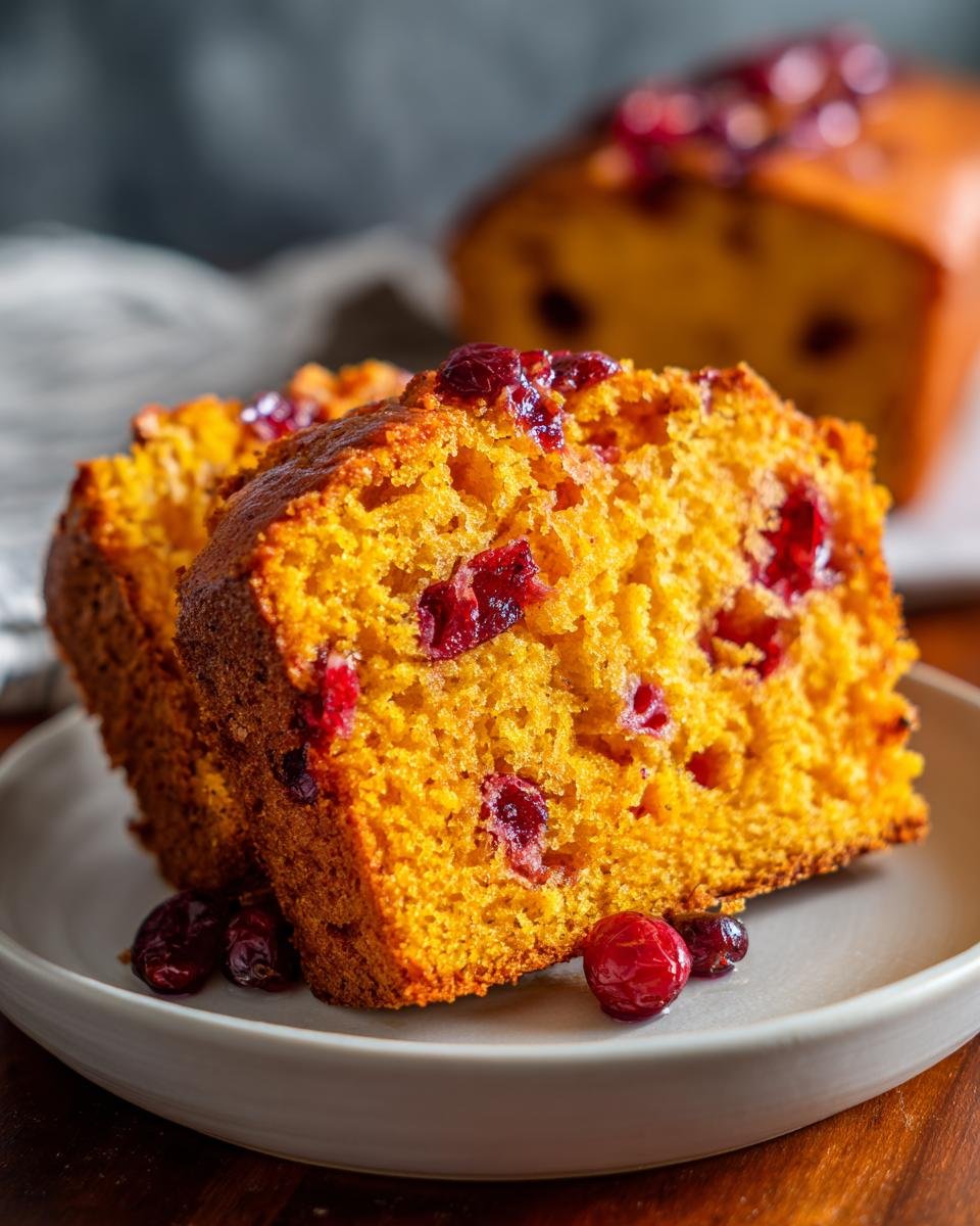Two thick slices of moist, orange-colored Vegan Orange Cranberry Bread studded with bright red cranberries.